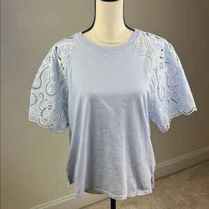 River Island T-Shirt Top Light Blue Broderie Lace Sleeves 12